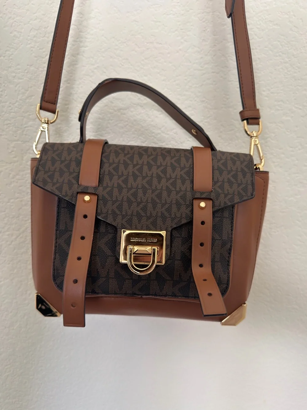Michael Kors Brown MK Logo Satchel with Gold Hardware